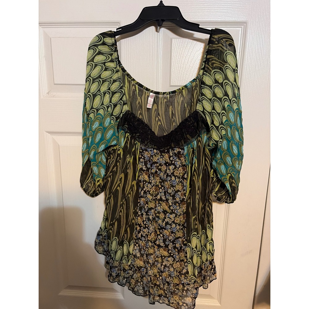 Xhilaration Womens XXL Boho Mixed Print Sheer Tunic Top Lace Trim Green Blue XXL
